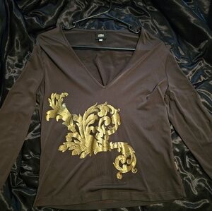 Versace Jeans Collection Brown V-Neck Top with Gold Design